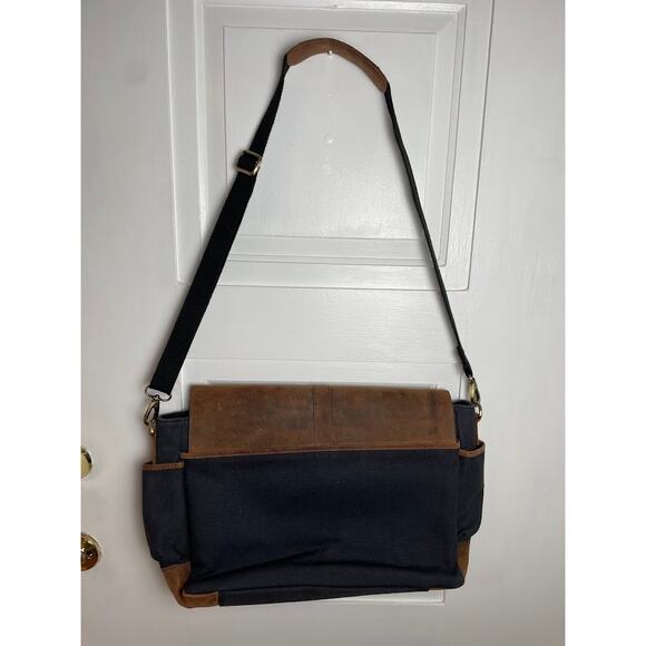 Men's Rugged Cowhide Leather Messenger Bag Laptop Carrier Charcoal Canvas Bag - Picture 4 of 13